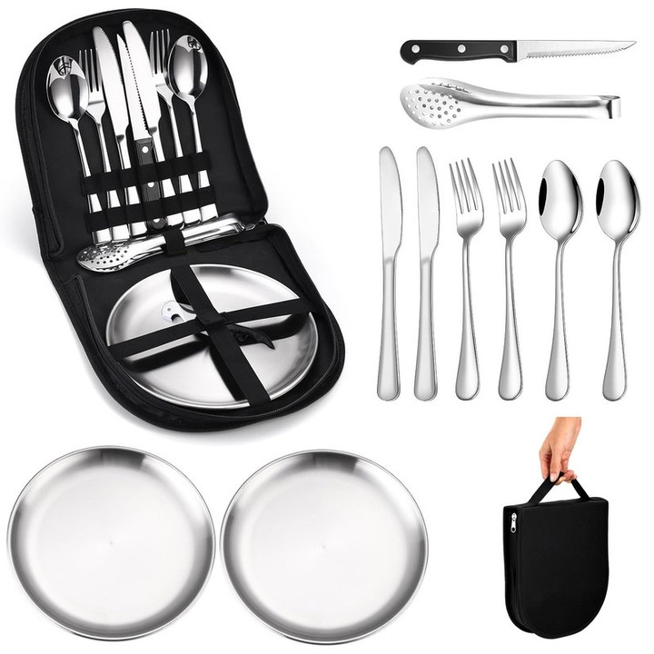 Set vesela camping 10 piese pentru 2 persoane, ustensile din inox, argintiu