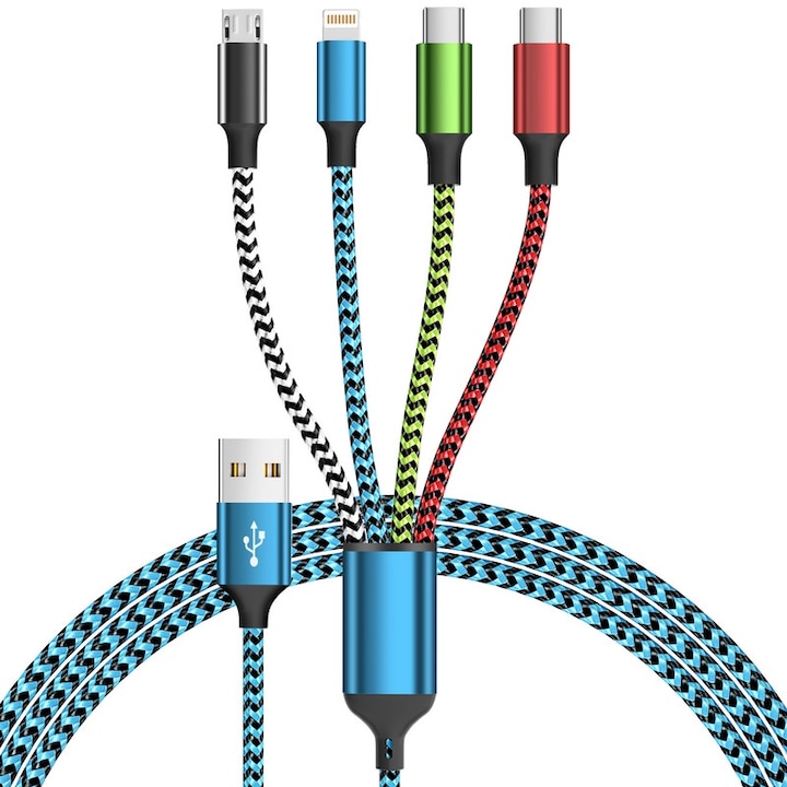 Cablu de incarcare 4 in 1, Firsting, 1.5m, USB-C, Micro USB, pentru telefoane si tablete, Negru-albastru