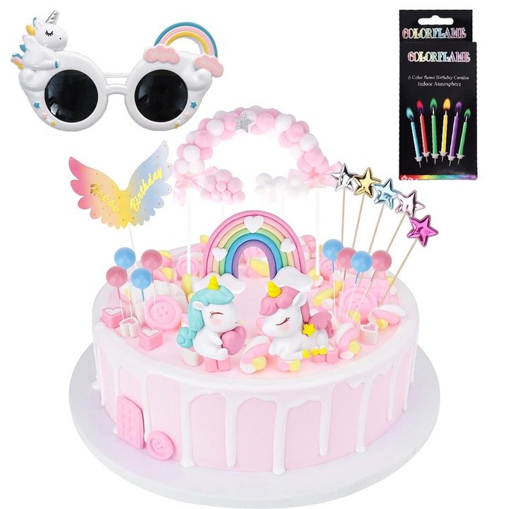 Set de decoratiuni pentru tort Unicorn 22 bucati, stil 2, multicolor