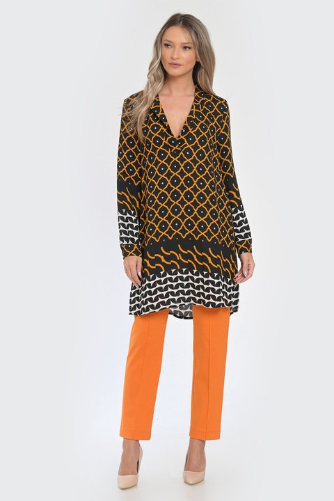 GIORGAL, Bluza cu model si slituri laterale Silvia, Alb/Negru/Portocaliu