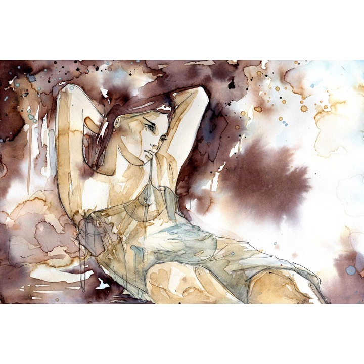 Fototapeta artistica pentru dormitor, Nud feminin in acuarela, Stil boho, 197x296 cm