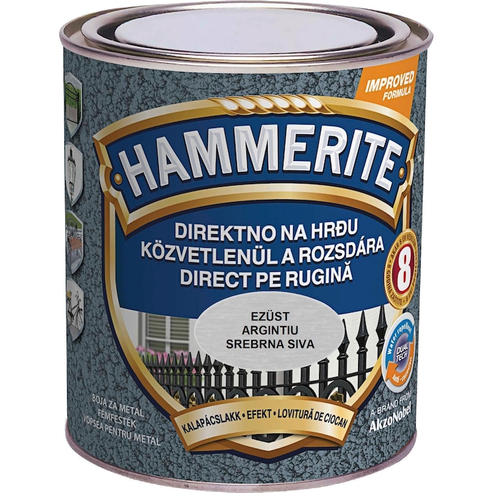 Емайл на базата на разтворители Hammerite, за метал, сребро, изкован вид, 0,75 л
