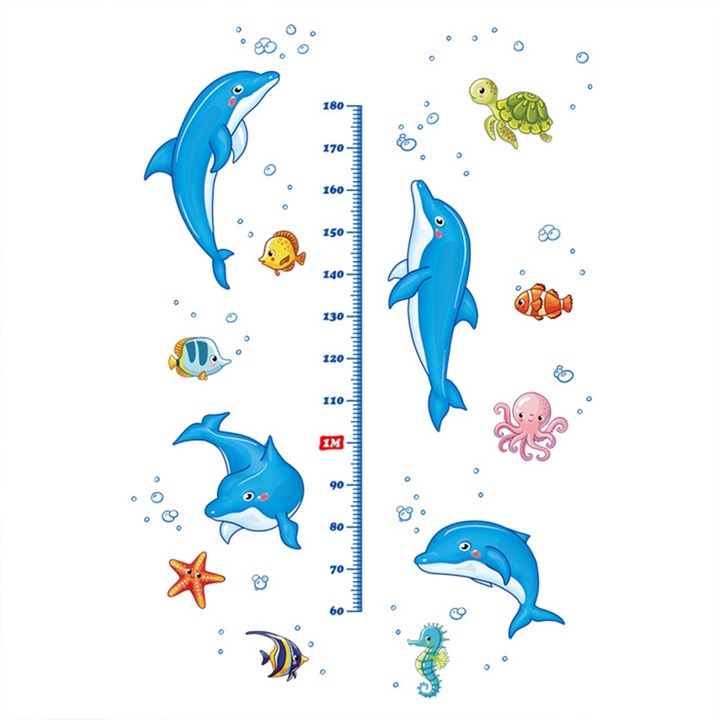 Stickere decorative, masurare inaltime pentru copii, motiv delfin, 60x180cm