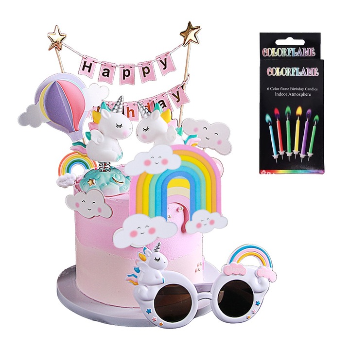 Set 25 bucati Unicorn decoratiuni pentru tort stil 4, pentru ziua de nastere, multicolor