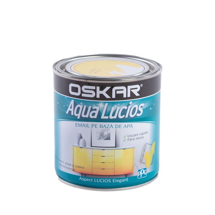 Email pe baza de apa Oskar Aqua Lucios, pentru lemn si metal, galben impuls, aspect lucios, 0.6 L