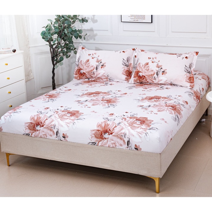 Set Husa de pat cu elastic CHIRASO, din Bumbac Satinat, 3 piese, Cearceaf cu elastic 180 x 200 cm si 2 fete de perna 52 x 80 cm, cu imprimeu flori, alb crem-rosu stins