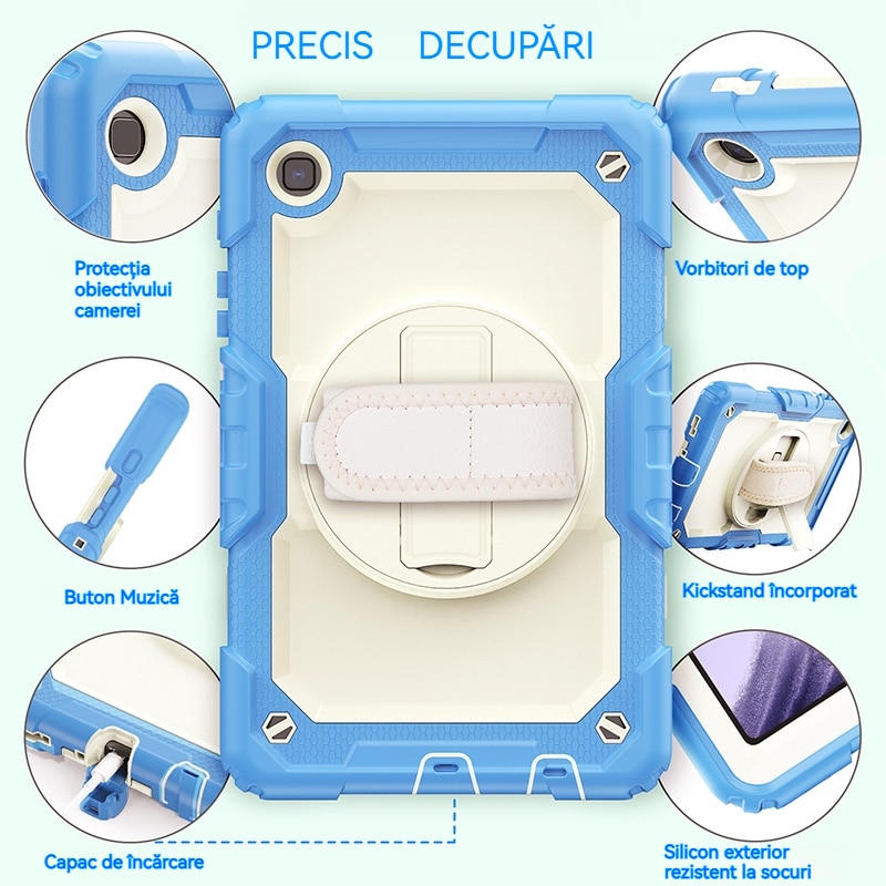 Husa Antisoc Cu Curea De Mana Pentru Samsung Galaxy Tab A9Plus De 11 inchi. (Model: (SM-X210/X216/X218), Fudisenn，Rotire La 360°, procesul de gofrare，Portabil， 2023 (albastru cyan )，stil simplu，28x19x2,3cm