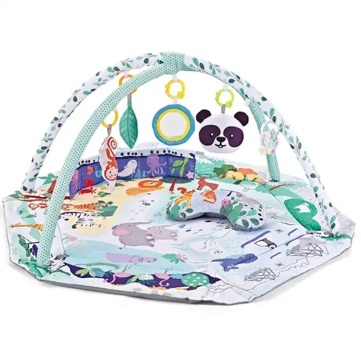 Saltea de Activitati si Spatiu de Joaca pentru copii, cu Doua Arcade detasabile si 7 Jucarii Senzoriale Detasabile, Material Moale, Usor de Curatat, Multifunctional, 110 x 115 cm, Multicolor