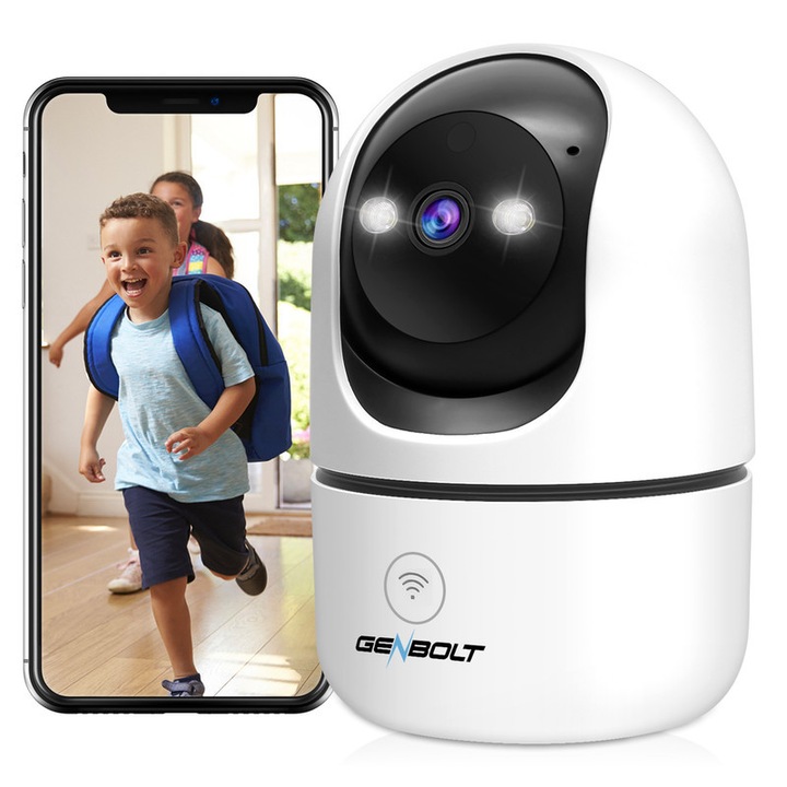 GENBOLT® Wi-Fi megfigyelő kamera, 3 MP Ultra HD videó felbontás, 3,6 mm, pásztázás/döntés, babafigyelő használat, F2.0, kétirányú mikrofon, infravörös éjszakai látás, hang- és fényriasztás, mozgásérzékelés, intelligens követés, fehér