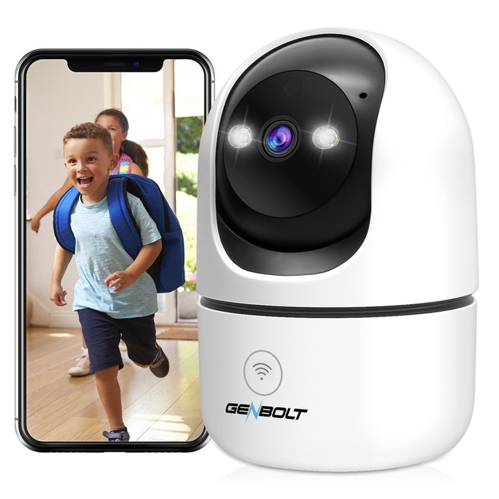 GENBOLT® Wi-Fi камера за наблюдение, 3MP Ultra HD видео резолюция, 3,6 mm, Pan/Tilt, Използване на бебефон, F2.0, двупосочен микрофон, инфрачервено нощно виждане, звукова и светлинна аларма, детекция на движение, интелигентно проследяване, бяло