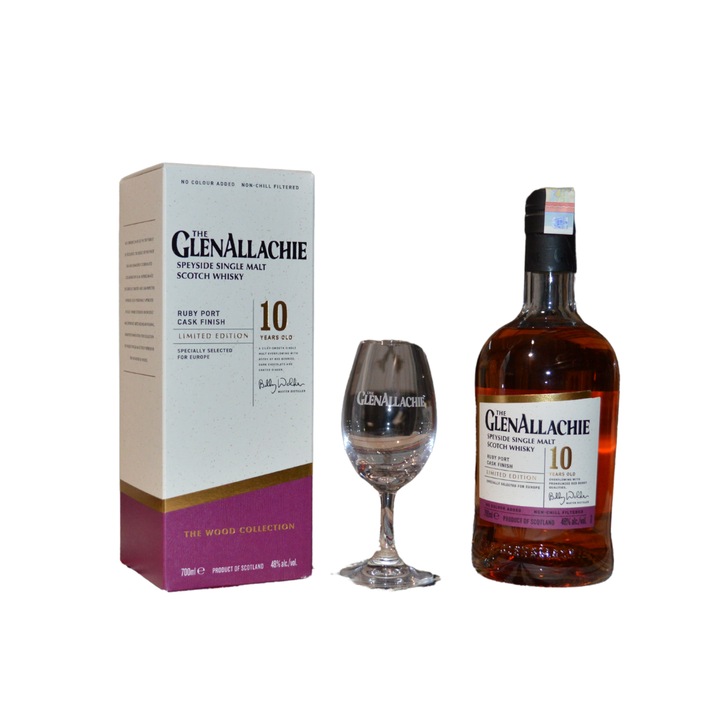 Whisky Glenallachie Ruby Port Wood Finish 10 Ani, Pahar Glencairn Copita Cadou, 48%, 0.7L