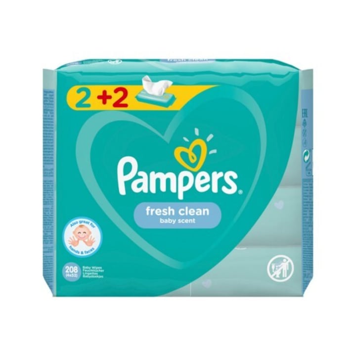 Мокри кърпички за бебета, Pampers Fresh Clean, без аромат, 4x52 броя