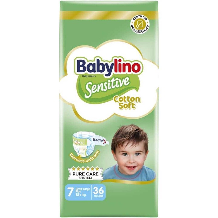 Pachet scutece Babylino Sensitive Cotton Soft, 36 bucati, 15+ kg, fara latex, dermatologic testate