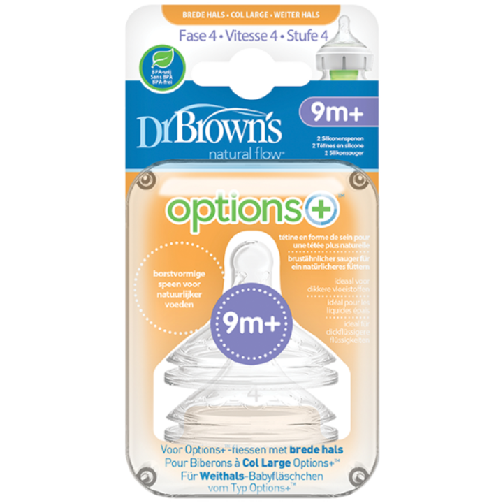 Set de 2 capete biberon Dr. Brown's Natural Flow din silicon pentru biberoane, fara BPA, 4-9 luni