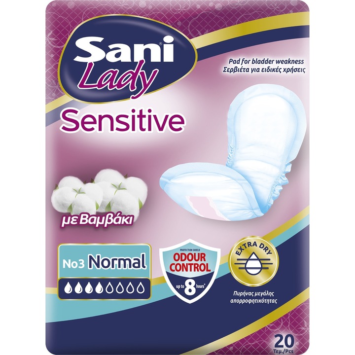 Absorbante pentru piele sensibila, SANI, Sensitive Lady, Bumbac, Normal, 20 buc