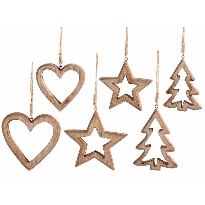 Set 12 ornamente brad Craciun lemn natur 8.5x12 cm, 7x10 cm