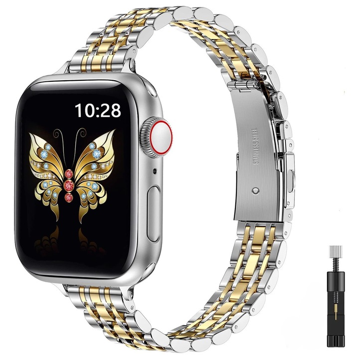 Каишка Apple Watch Series 10 (42 mm), съвместима с 41 mm 40 mm 38 mm, за Apple Watch Band Series 10 9 8 7 6 5 4 3 2 1 SE, неръждаема стомана, сребро/злато