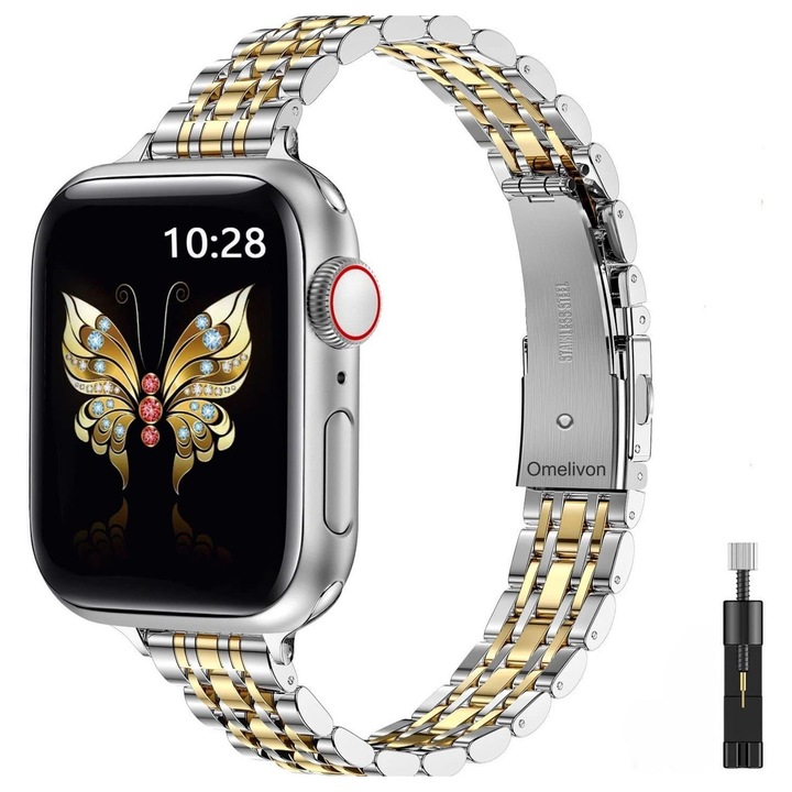 Curea de ceas pentru Apple Watch seria 10 (42 mm), Omelivon®, compatibila cu 41 mm 40 mm 38 mm, pentru Apple Watch Band Series 10 9 8 7 6 5 4 3 2 1 SE, otel inoxidabil, argintiu/auriu