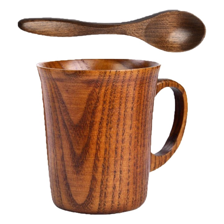 Комплект дървени чаши Jujube, 260 мл, с лъжица, за чай, кафе, топли и студени напитки