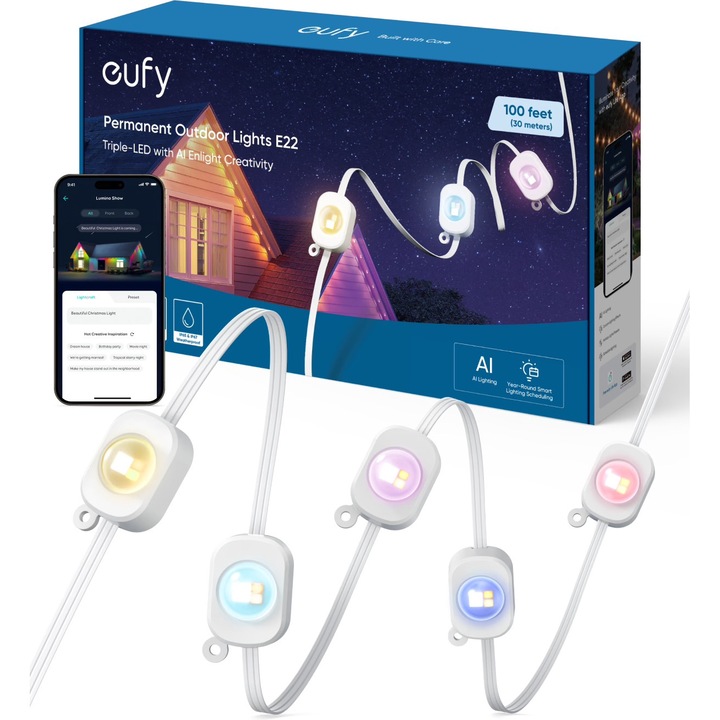 Lumini smart de exterior eufy RGB E22 WonderLink, AI, All Weather, 30m