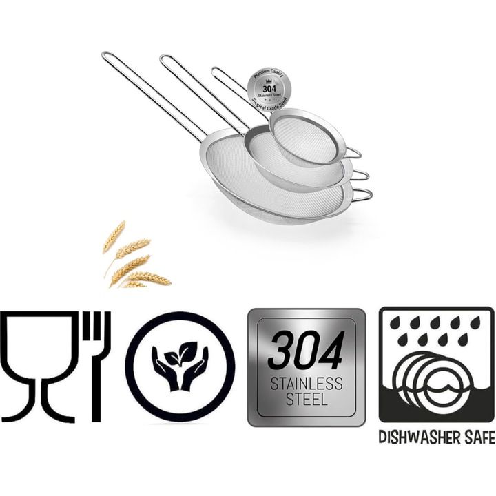 Мрежести цедки за измиване на храна, Пресяване на брашно, Прецеждане на чай, Неръждаема стомана, 3бр