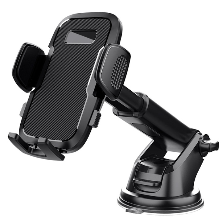 Univerzális autós mobiltelefon-tartó, SINBINTA, Tapadókorongos telefontartó, 360 fokos forgatás, Állítható kar, Összecsukható, Szélvédőre vagy műszerfalra rögzíthető, Edzőterembe és konyhába, ABS, 23x6,5x11,5cm, Fekete