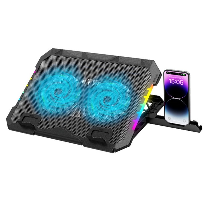 Cooler laptop, NAXSIR, 2 ventilatoare, 6 trepte de viteze, USB dublu, unghi ajustabil, cu suport telefon, RGB, antiderapant, negru