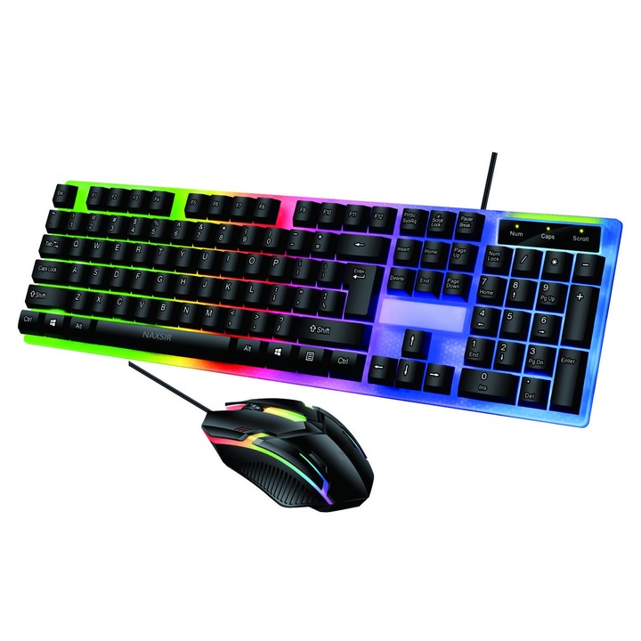 Kit mouse si tastatura cu fir, NAXSIR, design ergonomic, Iluminare RGB, 104 taste, rezistent la apa, gaming/office, Cablu 1.5m, negru