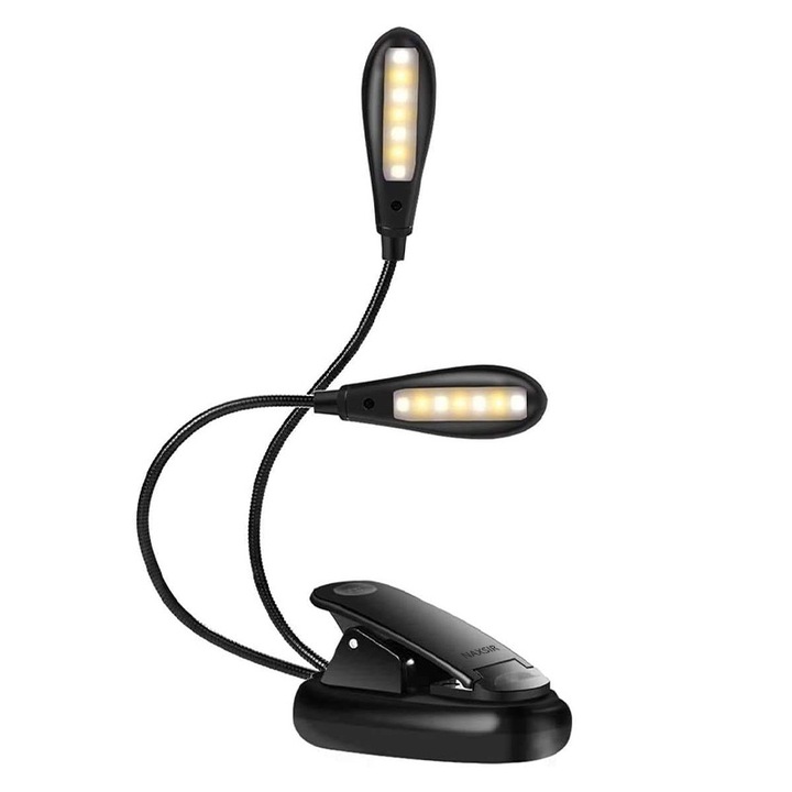 Lampa pentru citit, NAXSIR, 14 led-uri, 9 moduri de iluminare, reglabila 360 grade, cu clema de prindere pe carte, brate duble LED, incarcare USB, Acumulator 1000 mAh, negru