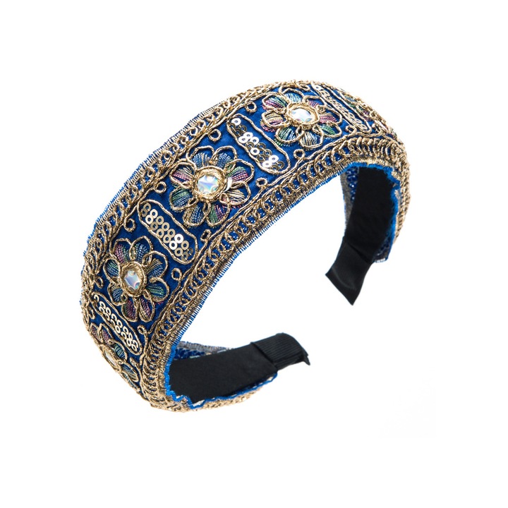 Bentita de par pentru femei, stil Court, broderie, albastru