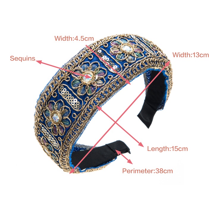 Bentita de par pentru femei, stil Court, broderie, albastru