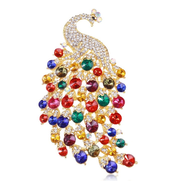 Brosa de moda pentru femei, paun cu diamante colorate，10 x 5cm