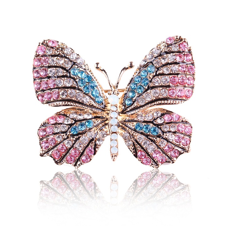 Brosa de moda pentru femei, Diamante, Fluture, albastru roz, 4cm*4.5cm