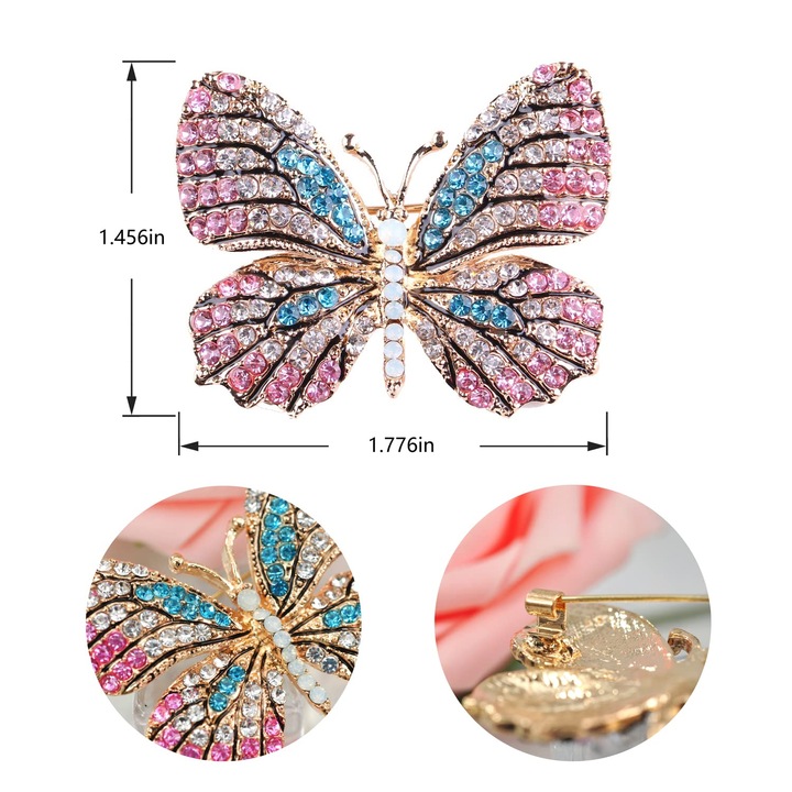 Brosa de moda pentru femei, Diamante, Fluture, albastru roz, 4cm*4.5cm