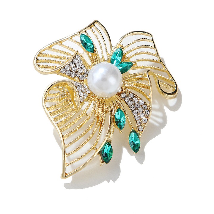 Brosa pentru femei, floare de epoca, pietre verzi, 4*4.5cm