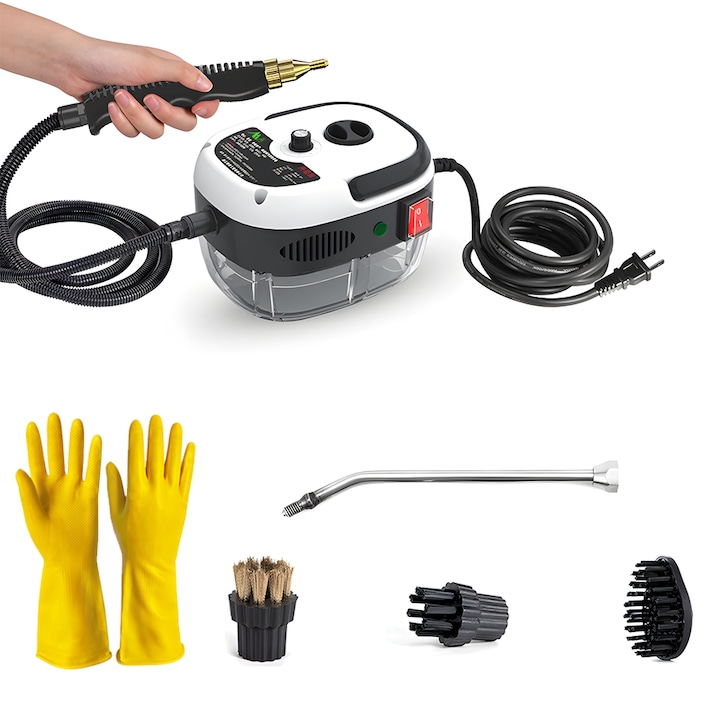 Magas hőmérsékletű gőztisztító, 2500 W, 1000 ml-es víztartály, 3 bar nyomás, 4 kiegészítő, 6 gőz üzemmód, fekete/fehér