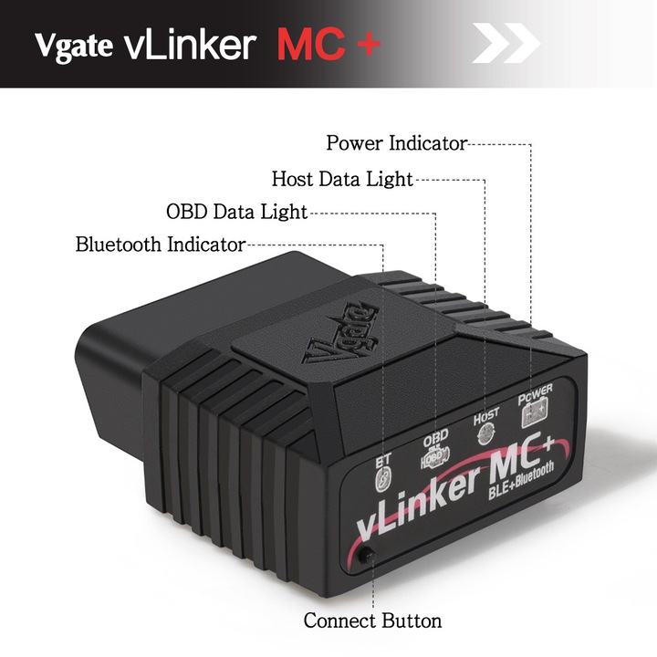 Автомобилен диагностичен тестер, Vgate VLinker MC+, Bluetooth 4.0, WIFI, Автодиагностика, OBD2 скенер, Автодиагностичен тестер, Android, iOS, Черен