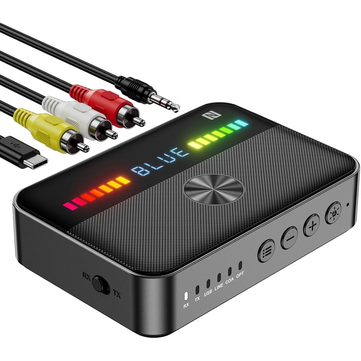 NFC Bluetooth 5.3 adapter, Dussdote, 2 az 1-ben, RGB LED, TX/RX adó és vevő, AUX/RCA/C típusú, 1000 mA, fekete
