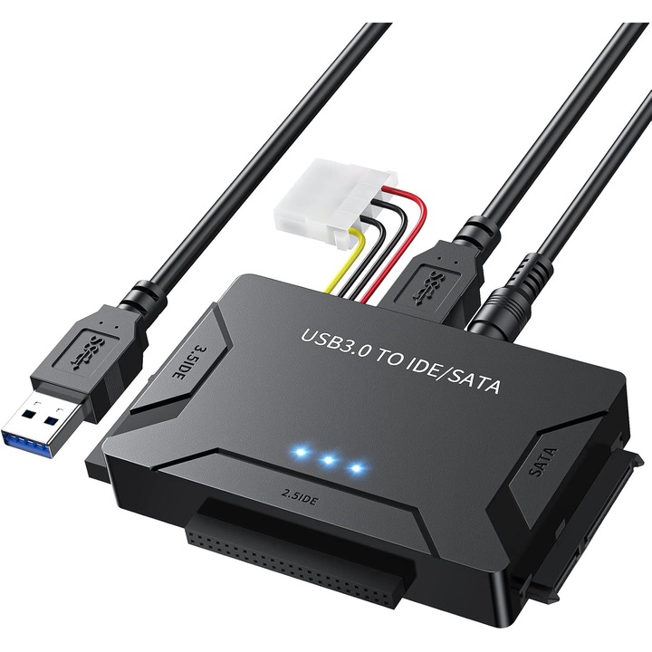 USB 3.0 – SATA/IDE 2,5/3,5 hüvelykes adapter, Dussdote, külső merevlemez-olvasó Ultra Recovery Converter, 3 az 1-ben, plug and play, kis méret és könnyen hordozható, 2,5 hüvelykes IDE notebook merevlemezhez, optikai meghajtóhoz, fekete