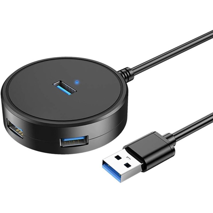 Кръгъл USB ХЪБ, 4x USB 3.0 порт, Поддържа управление на два твърди диска, Поддържа захранване 5V2A, съвместим с множество системи, plug and play, 1,5 метра, черен