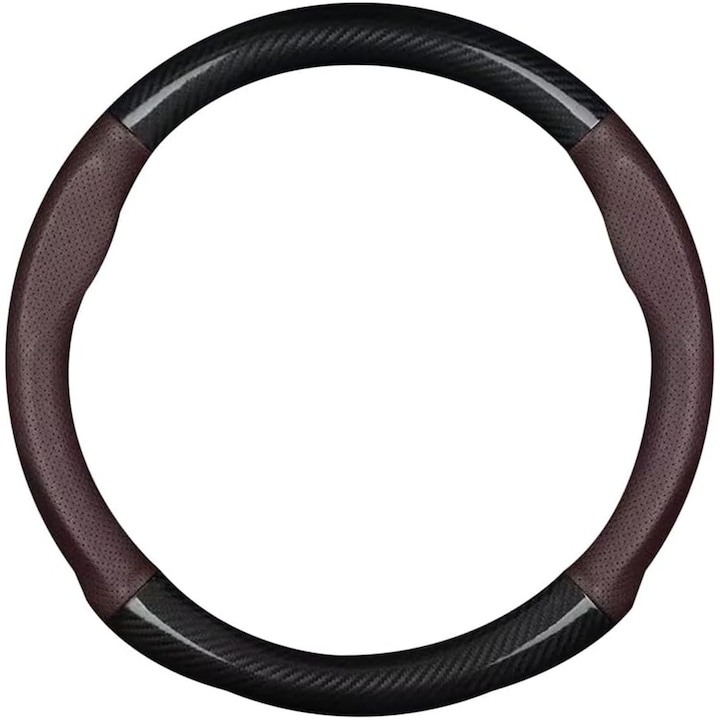 Husa volan, Hggzeg, Husa de volan auto premium din fibra de carbon anti-alunecare, Antiderapant respirabil, Fixare sigura, Instalare usoara, Pentru majoritatea masinilor, camioane, SVU, Diametru 38 cm, Negru cu maro
