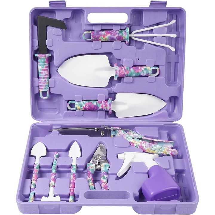 Set unelte de gradinarit Wacorresi, 10 in 1, material aluminiu, cutie de transport violet
