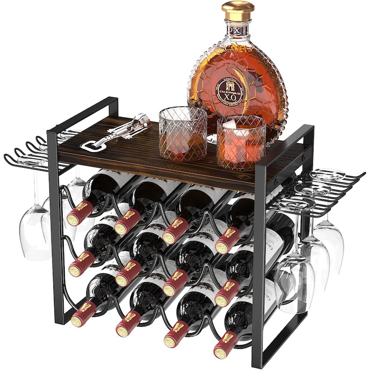 Поставка за напитки Wacorresi, поставка за вино с дървена табла, черен метал, капацитет 12 бутилки и 4-6 чаши, размери 40x23x41см