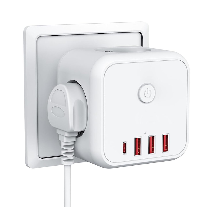 Intelligens hosszabbító kábel, Hggzeg, 7 az 1-ben aljzatadapter, 3QC gyorstöltés + 1 Type-c, 3 konnektor, független kapcsoló, PD20W, indukciós főzőlapokhoz, hűtőszekrényekhez, mikrohullámú sütőkhöz, PC/fém, 75 x 75 x 10 mm