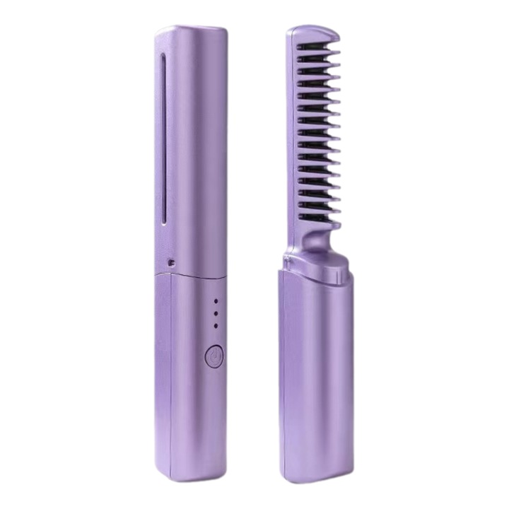 Mini pieptene de indreptare incalzit, tehnologie lazy mini USB de incarcare, portabil pentru calatorii lavanda violet, Pieptene