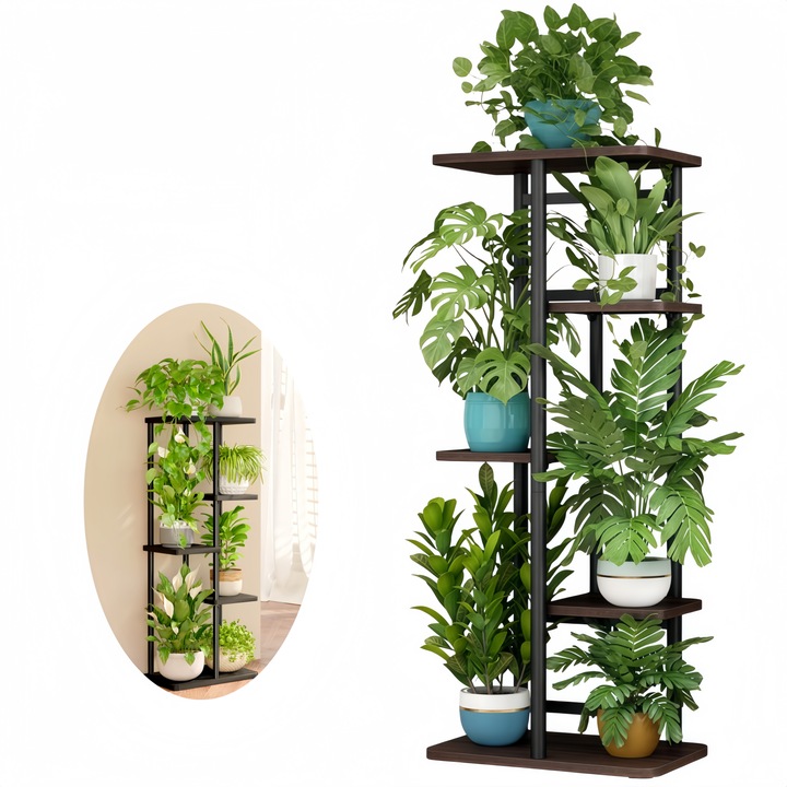 Suport pentru plante, Wacorresi, Stand De Flori, 6 Etajere, 5 Niveluri, 36x30x106cm, Stabila si Rezistenta, pentru Interior si Exterior, Metal, Stejar negru