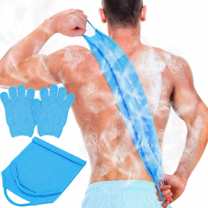 Burete de spalat pentru spate, SINBINTA, Kit de exfoliere, Cu manusa exfolianta pentru corp, Usor de utilizat, Elastica, Cu doua fete, Pentru indepartarea celulelor moarte ale pielii, Stimuleaza metabolismul pielii, Curatare, Nylon, 45*20cm, Albastru