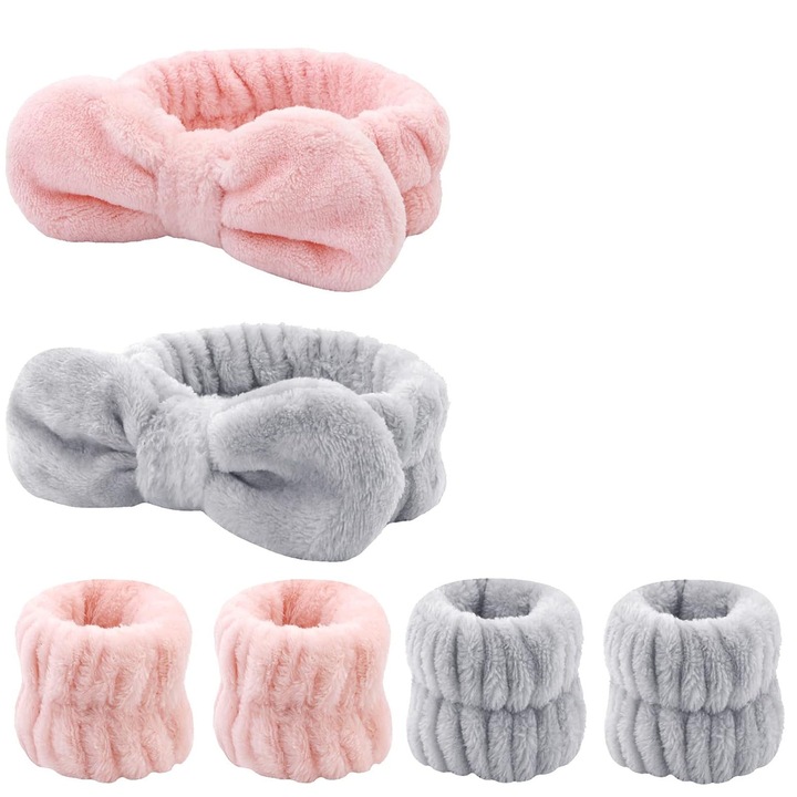 Bentita SPA cu burete si 2 protectii incheituri, SINBINTA, Cu funda mulabila care poate fi folosita, Pentru spalarea fetei, machiaj, ingrijirea pielii, Coral fleece, 15*15cm, Roz/Gri