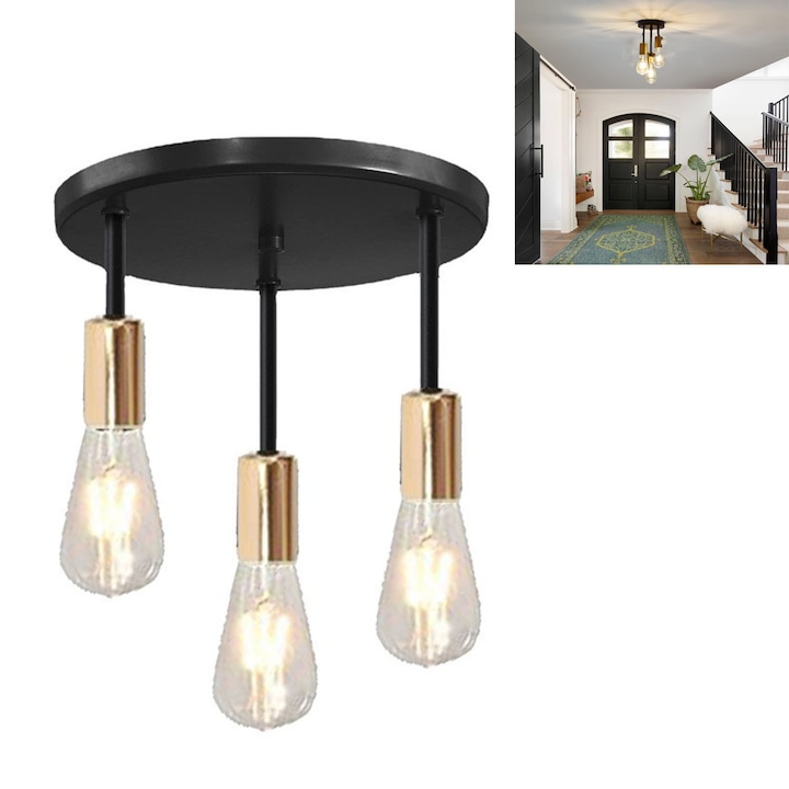 Lustra moderna, Hggzeg, Lustra tip pendu, Toolight, E27, 40W, Fara bec, Stil industrial, Suport liniar, Design modern, Montare pe tavan, Pentru dormitor sufrageria bucatarie holul birou, Fier, 15x28cm, Aur