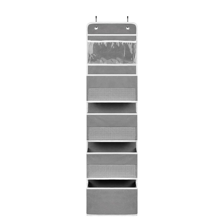 Organizatoare de depozitare peste usa, SINBINTA, 4 straturi buzunare rafturi suspendate, Cu carlig metalic, Usor de depozitat, Pentru dulap baie cresa dormitor dormitor, articole cosmetice si articole de baza pentru bebelusi, 120*32*11cm, Gri